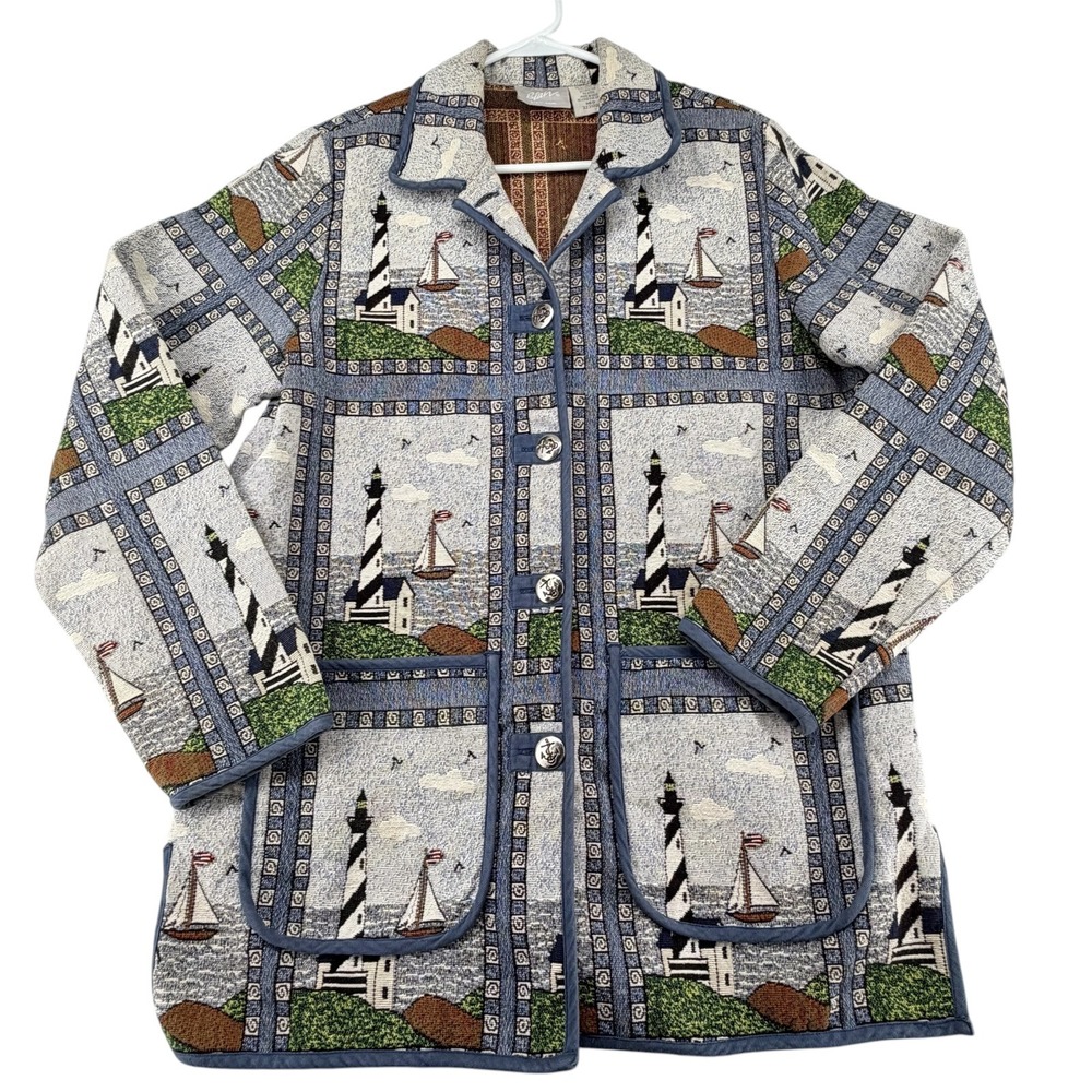 Vtg 90s Blair Lighthouse Tapestry Jacket Women MED Coastal Nautical Grandma Chic